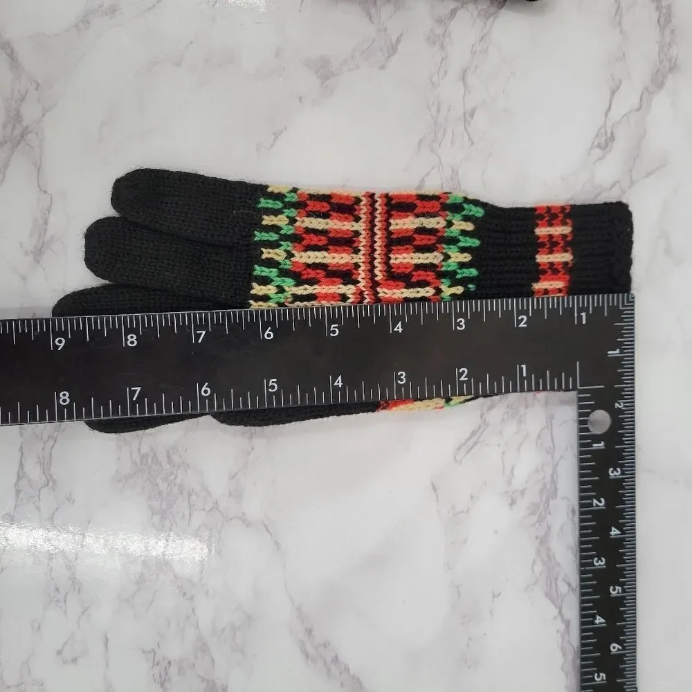 Vintage Handknit Gloves Black with Green Red Cream Nordic Fair Isle Designs